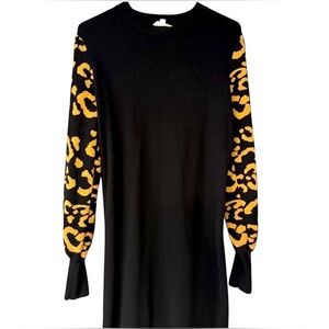 THML Womens Knit Dress Size L Black Leopard Print Long Sleeve Trendy‎
